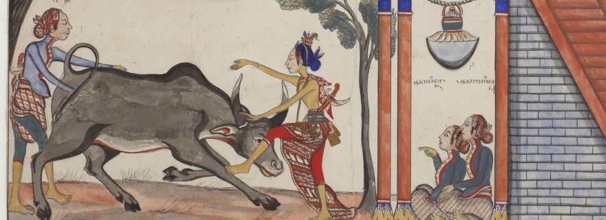 Raden Jaka Tingkir killing a buffalo under watch of the Sultan of Demak