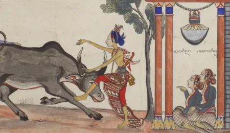 Raden Jaka Tingkir killing a buffalo under watch of the Sultan of Demak