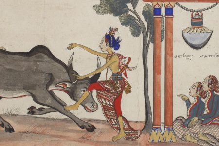 Raden Jaka Tingkir killing a buffalo under watch of the Sultan of Demak